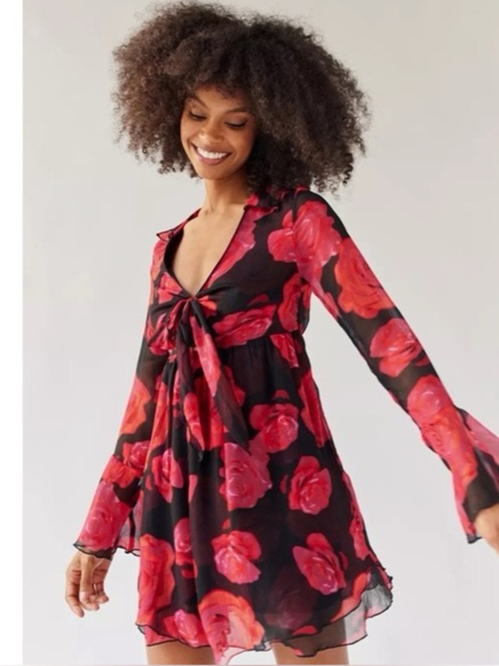 Urban Outfitters Black Sheer Dress with Red and Pink Rose Print